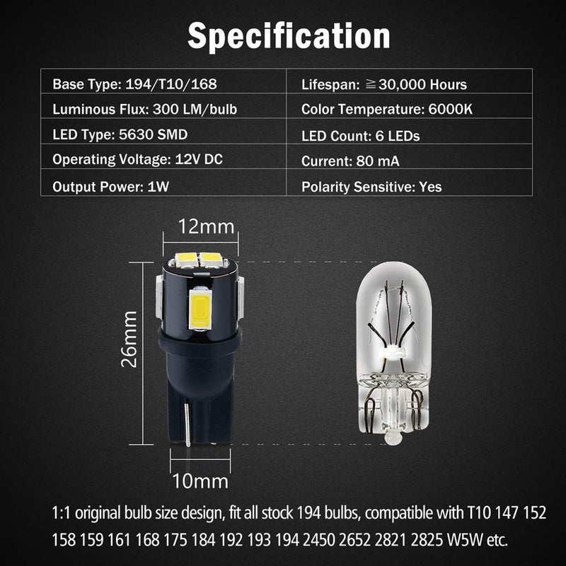BRISHINE مصابيح LED BRISHINE 194 6000K بيضاء زينون ساطعة للغاية 5630 شريحة T10 168 2825 175 W5W بدائل لمصابيح السيارة الداخلية سقف خريطة باب ضوء المجاملة لوحة الترخيص (عبوة من 10)  - Image 5
